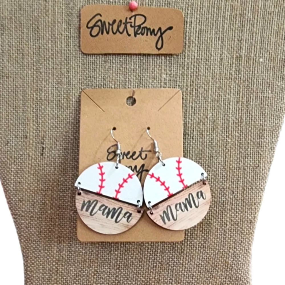 Baseball Mom Wooden Earrings Batter Up Strike Ballpark Sweet Peony